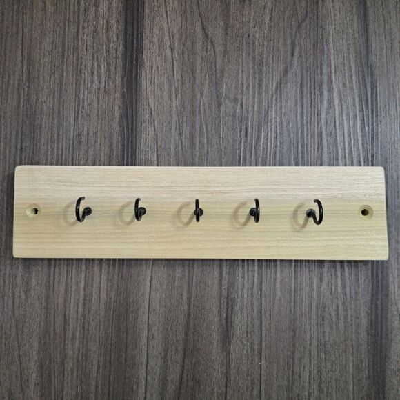 Handmade 10 inch Wall Mount 5 Hook Key/Hat Rack Brown Solid Wood Black Hooks - Picture 1 of 9